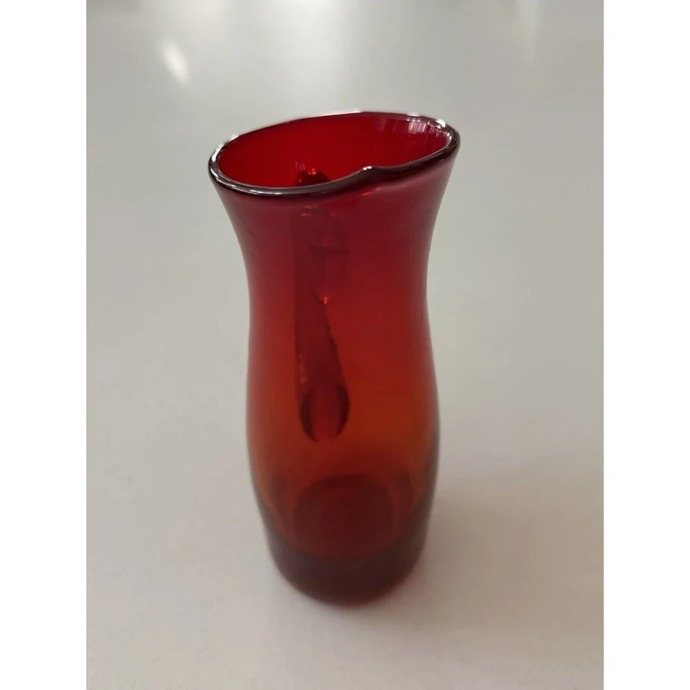 Vintage Small Amberina Glass Hand Blown Glowing‎ Pitcher with Orange Handle 7.5